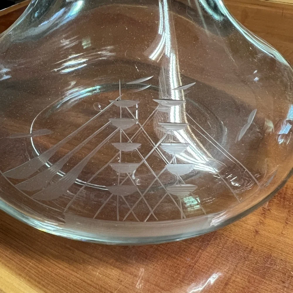 Vintage Brandy Liquor Crystal Decanter Ship Etched in Glass